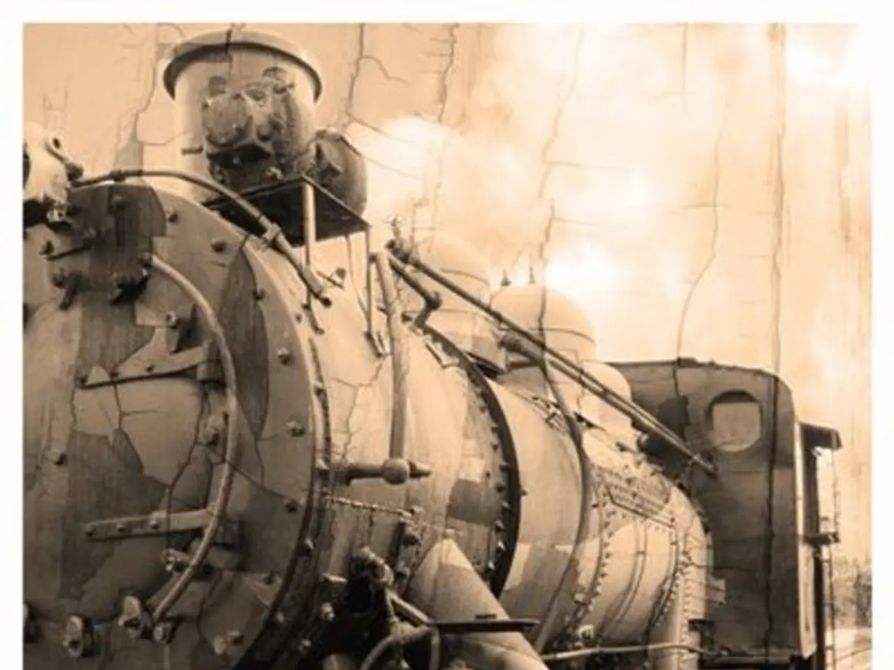 In this image there is a poster of a train on the track. At the bottom of the poster there is some...