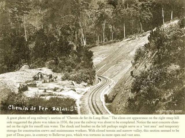 In this image I can see few trees,shed,railway-track and snow. I can see something is written on...