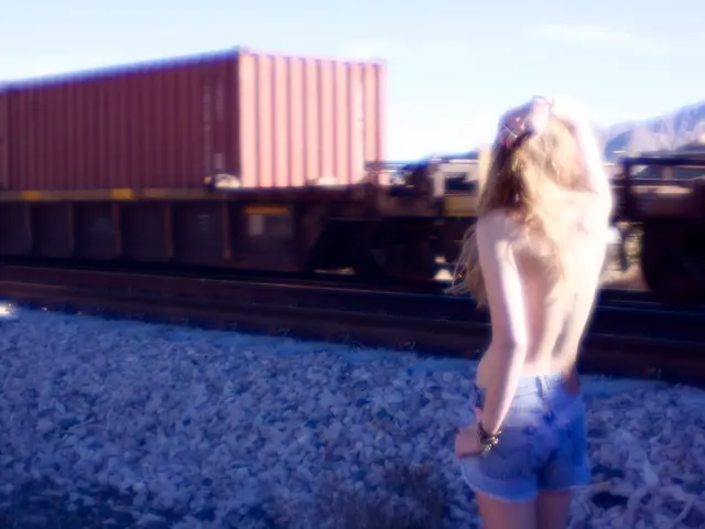 In the picture there is a person standing in front of a train, there are a lot of stones in between...