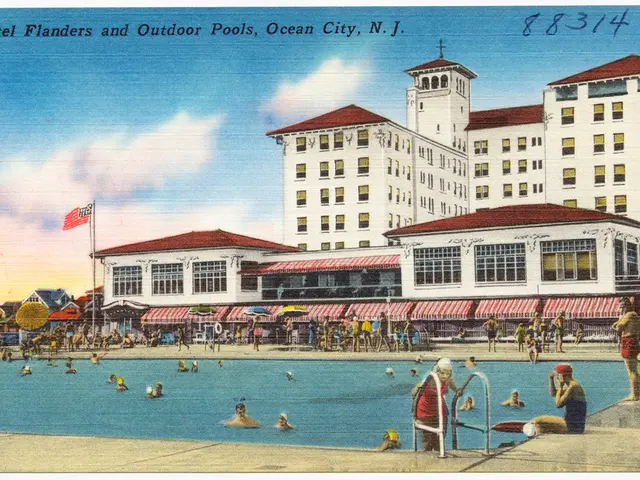 In this image I can see depiction of swimming pool, people, buildings, a flag, cloud and the sky. I...