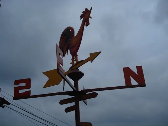 In the center of the image we can see a compass. In the background there are wires and sky.