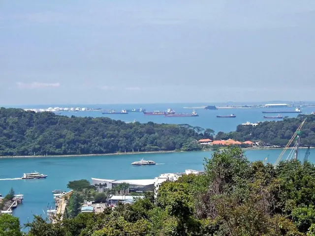 In this picture we can see few trees, buildings and ships on the water, on the right side of the...
