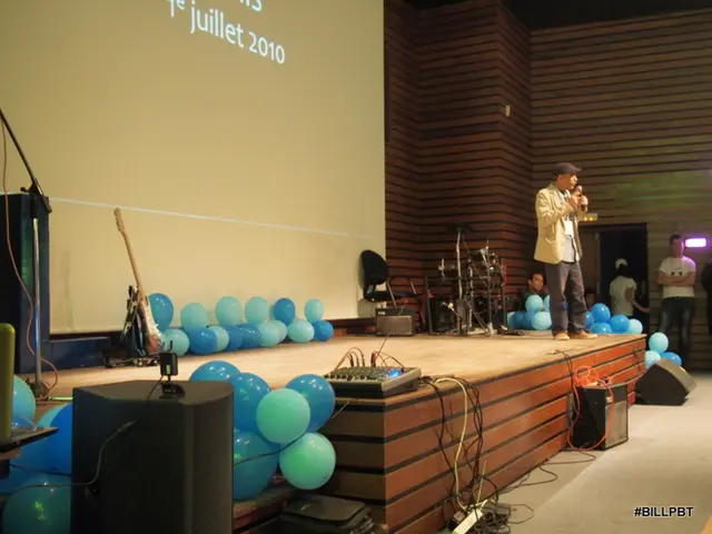 In this image, there is a person on the stage standing and wearing clothes. There is a speaker and...