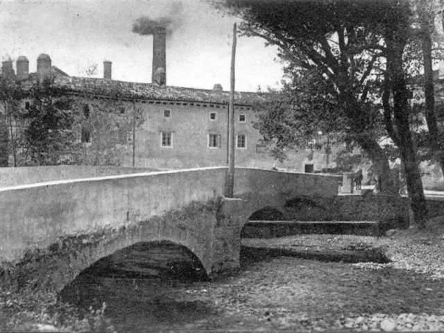 In this picture there are buildings and trees and in the foreground there is a pole and there is a...