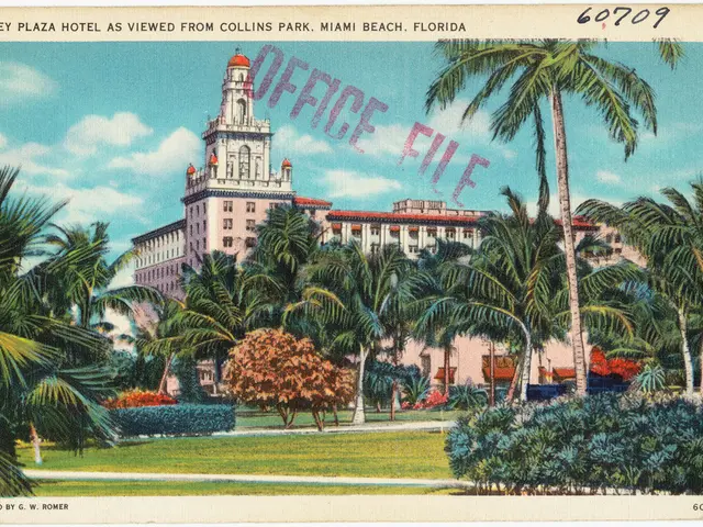 This image looks like an edited photo in which I can see grass, plants, trees, text, buildings,...