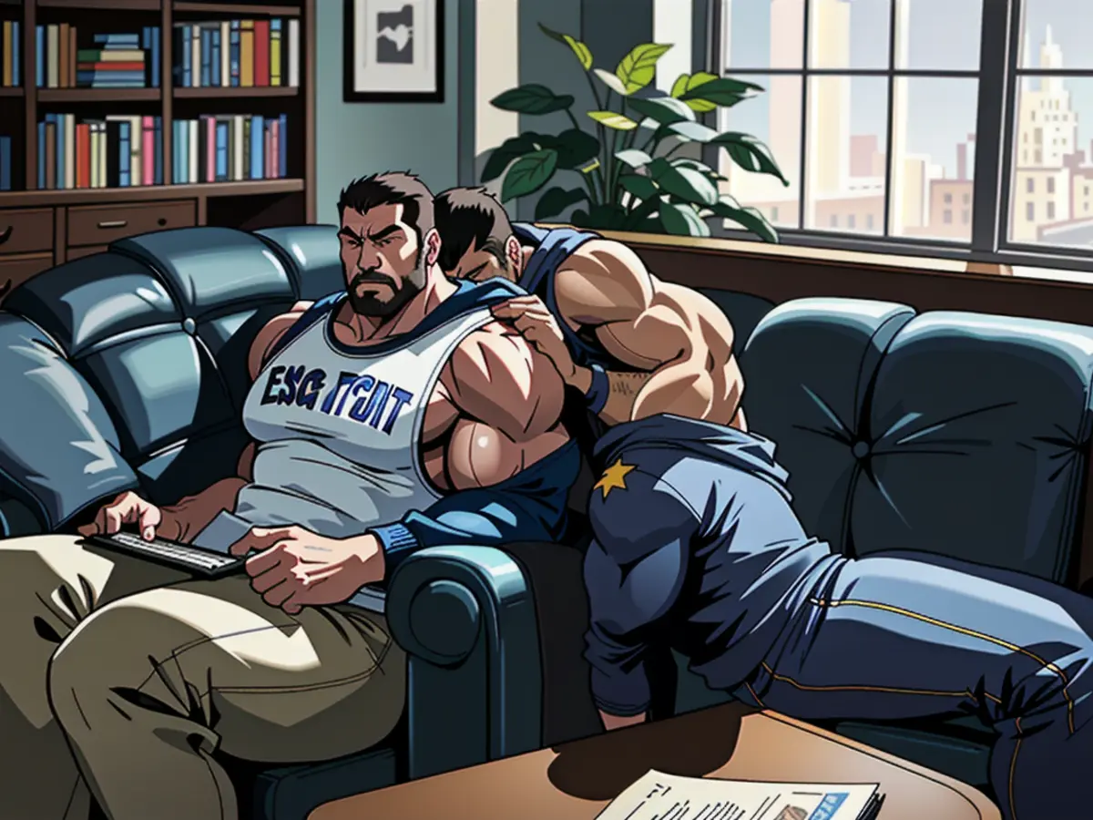 Two individuals engaged on a couch, accompanied by a canine, focusing on a digital device.