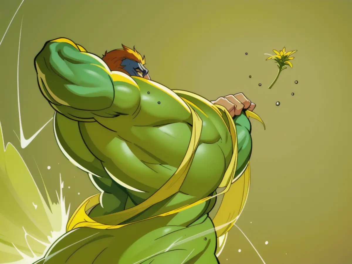 Blossoming seedling bathed in morning dew and sunlight.