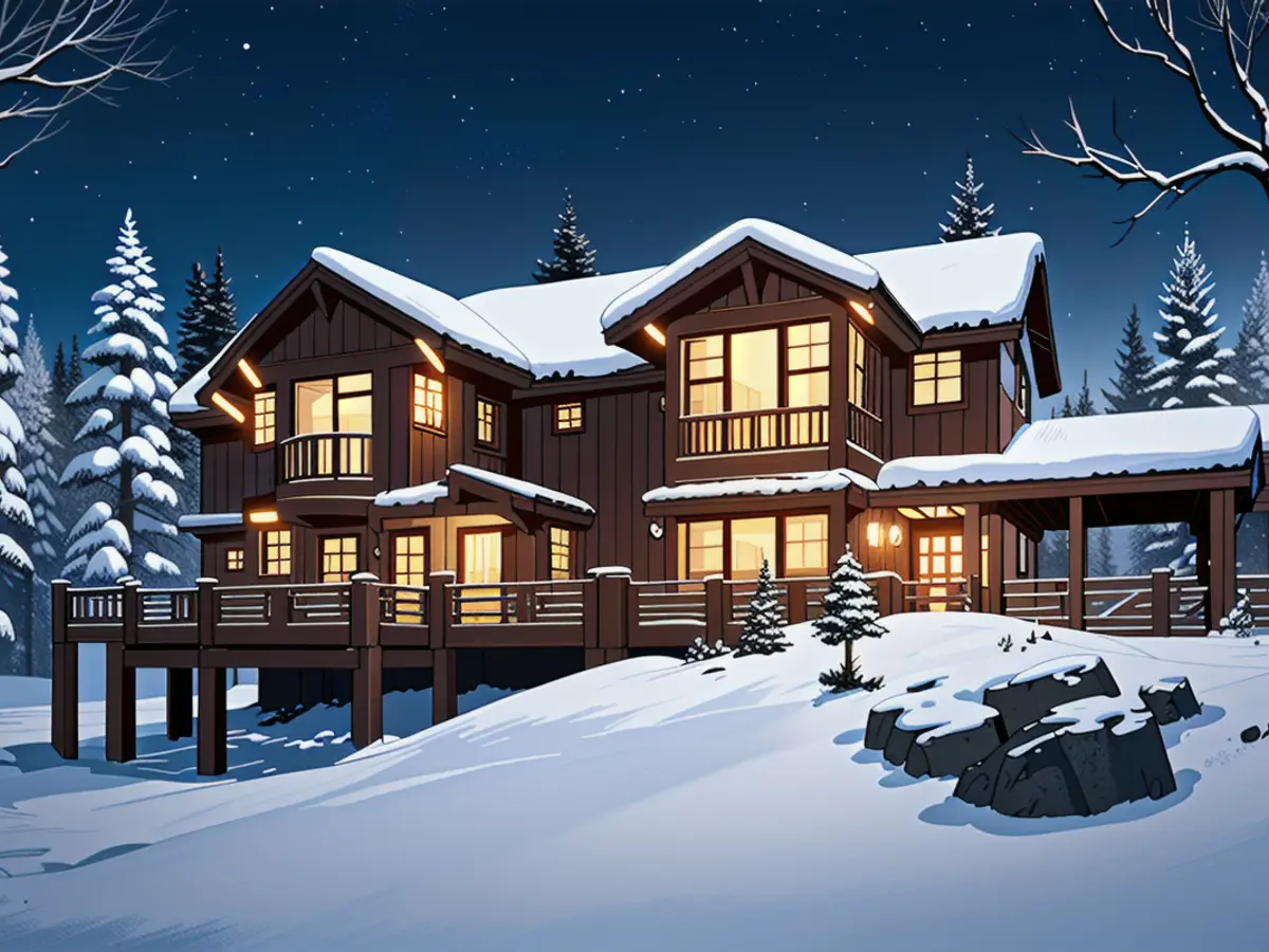 3D depiction of a contemporary, comfortable chalet under a chilly winter evening