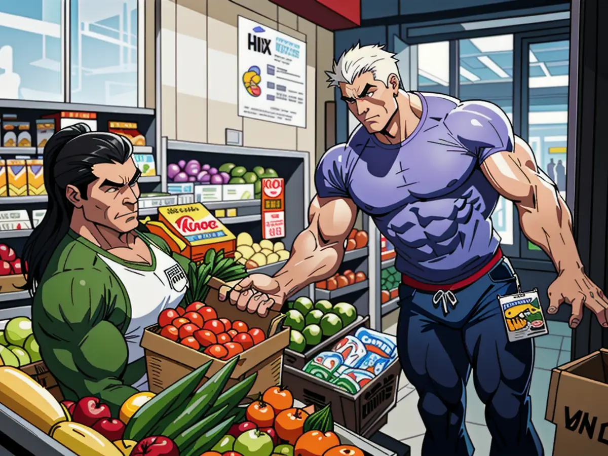 Secretly cloaked individual perusing fresh produce in retail marketplace. Anonymous individual purchasing fresh produce within a supermarket.