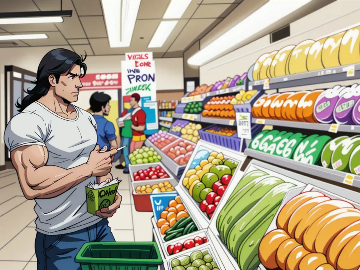 Individual engrossed in examination of fresh produce in supermarket.