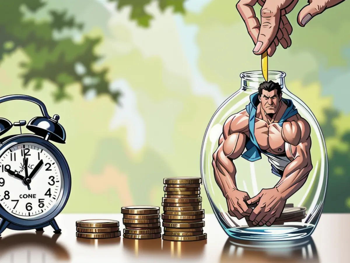 A hand deposits a coin into a retirement savings jar, which is positioned on a table alongside an...