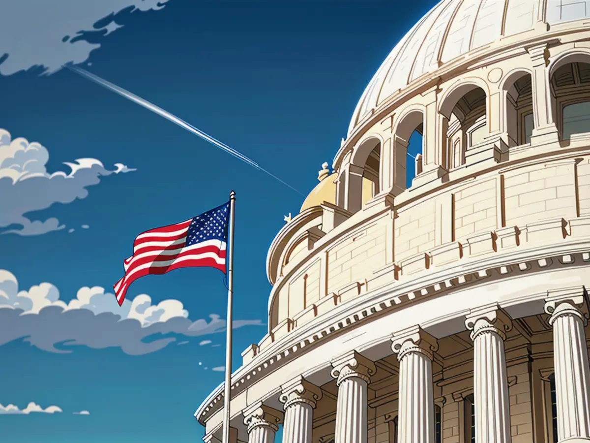 Under the open sky, the resplendent Stars and Stripes proudly flutter atop the prestigious U.S. Capitol building. This iconic image symbolizes the unwavering spirit of American freedom and democracy. The vibrant stars and stripes of the United States flag wave proudly atop the majestic U.S. Capitol building. (10% enrichment data)