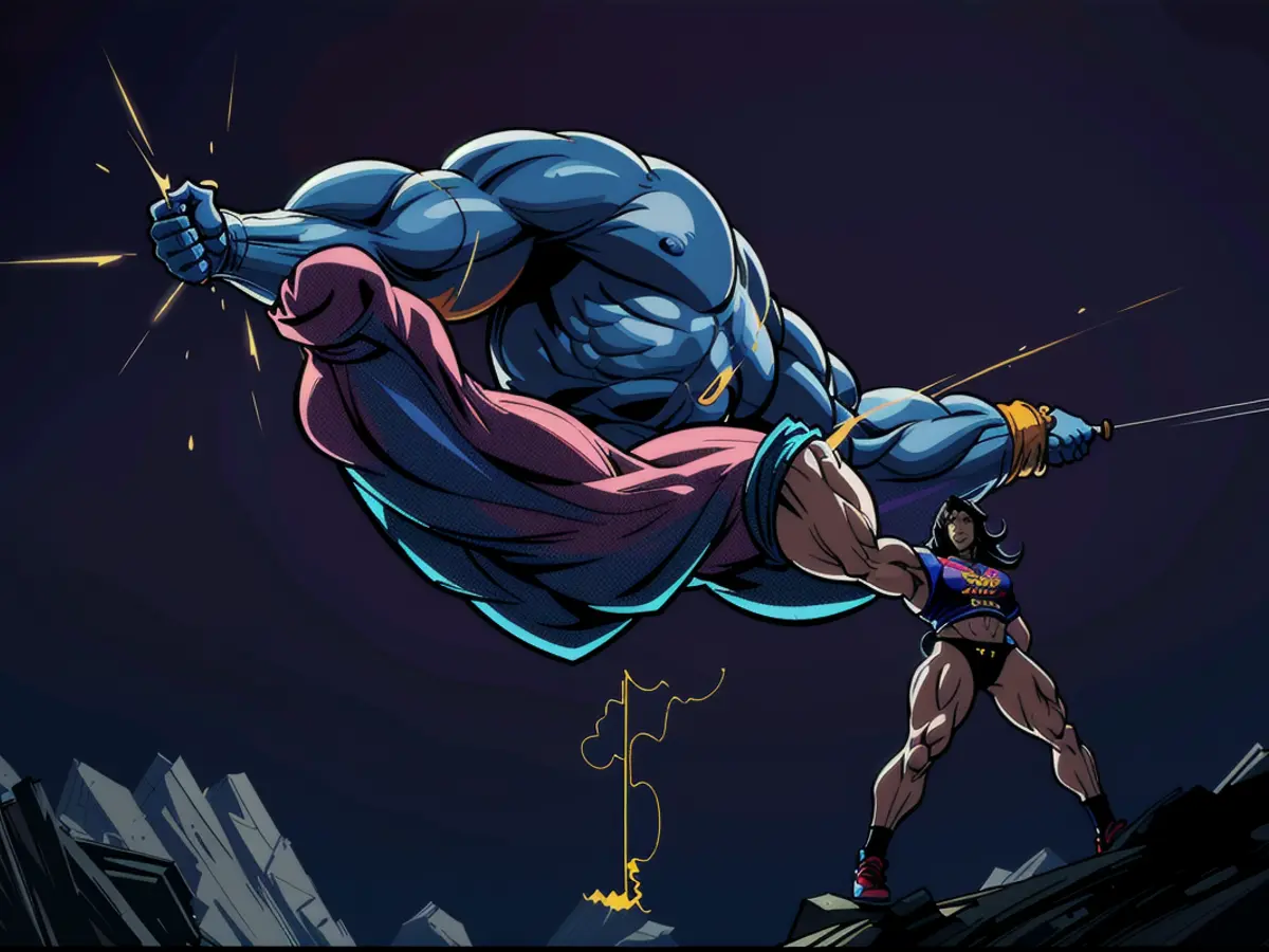 Visual depiction of a vibrantly hued bull, adorned with diverse specks and radiant tracings of...