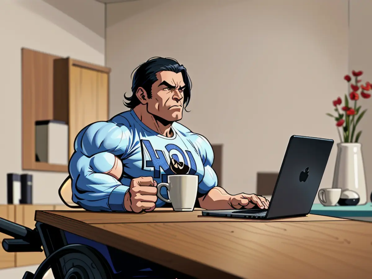 An individual seated in a wheelchair, cradling a coffee mug, gazes at an active laptop within their residence.