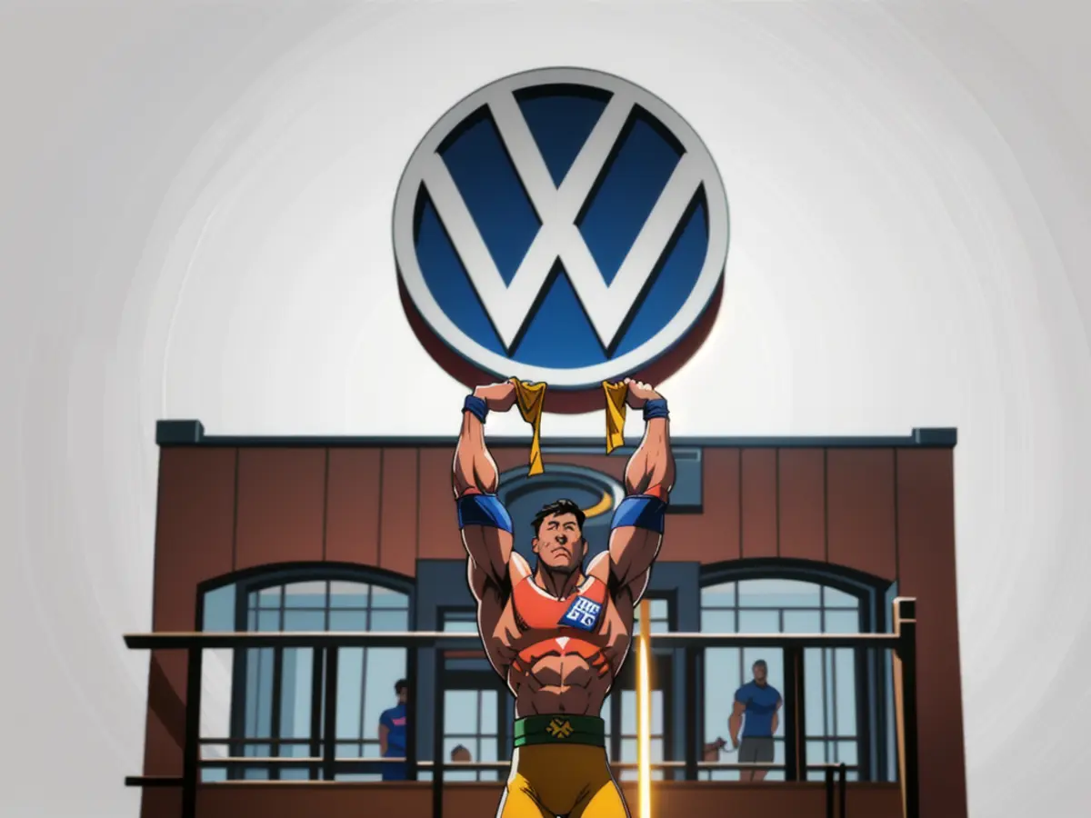 Unedited depiction: Man with gun stands over group of people in protest, raising finger in defiance. Auto giants Volkswagen and Mercedes-Benz report significant drops in their earnings.
